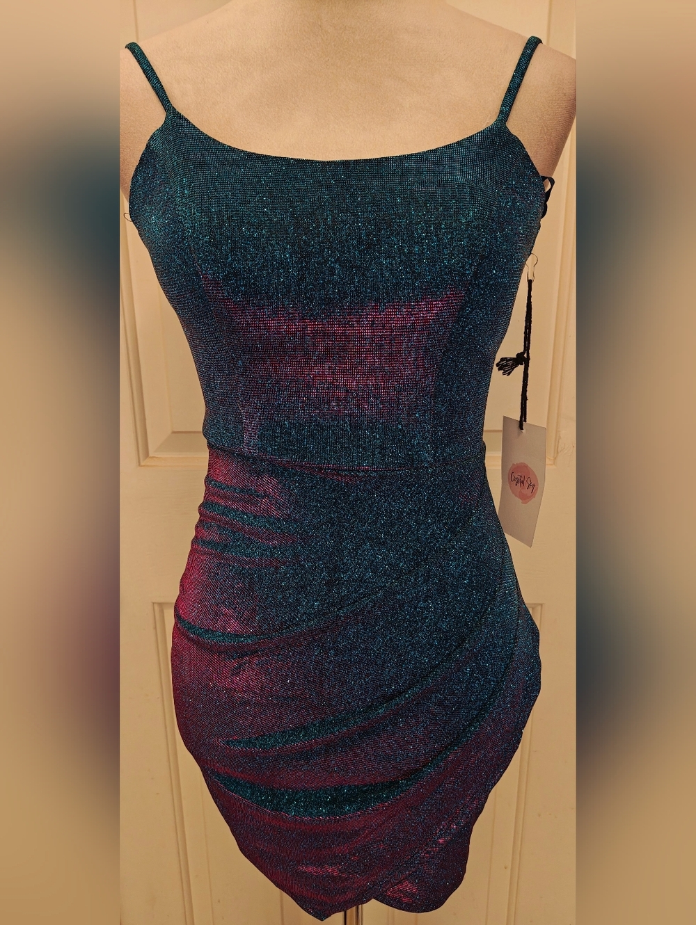 NWT Crystal Sky Iridescent Holographic Glitter Bodycon Mini Dress w Ruched Sides